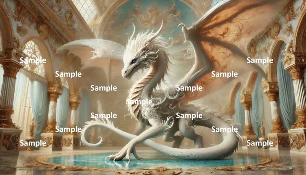 ロココ調のドラゴンのAIアート、西洋のドラゴン、王宮、宮殿、館、豪華絢爛、神話、童話、物語、西洋画、絵画、アニメ、漫画、ファンタジー、ゲーム、伝説、妖怪、爬虫類、恐竜、翼、怪物、翼竜、怪獣、白いドラゴン、品があるドラゴン、