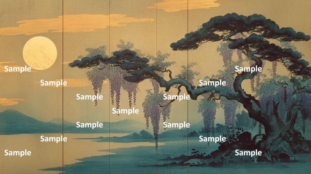 日本画風の風景(初夏～夏)、満月と古松と藤の花、川、山々、雲、