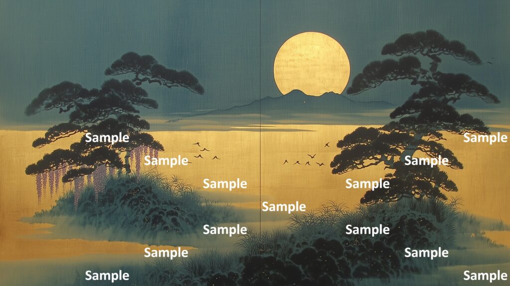 日本画風の風景(初夏～夏)、満月、金箔の雲海、松の木、鳥の群れ、苔の生えた岩々、藤の花、