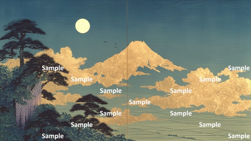 日本画風の風景(初夏～夏)、富士山、満月、金箔の雲、田んぼ、松の木、藤の花、夜景、