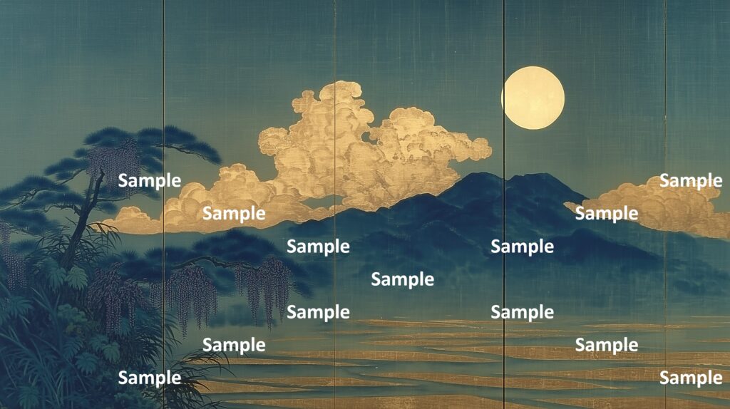 日本画風の風景(初夏～夏)、満月、山々、夜の入道雲、田んぼの大地、木々、藤の花、