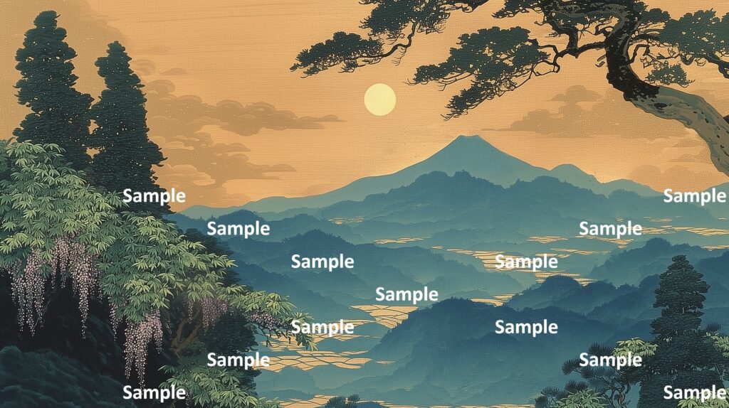 日本画風の風景(初夏～夏)、夕方、雲、山々、田んぼ、藤の花、山里、木々、