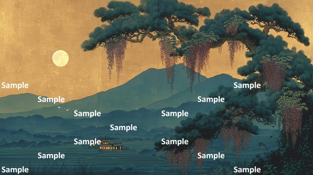 日本画風の風景(初夏～夏)、山里、満月、松の木、一面の田んぼ、民家、山々、藤の花、