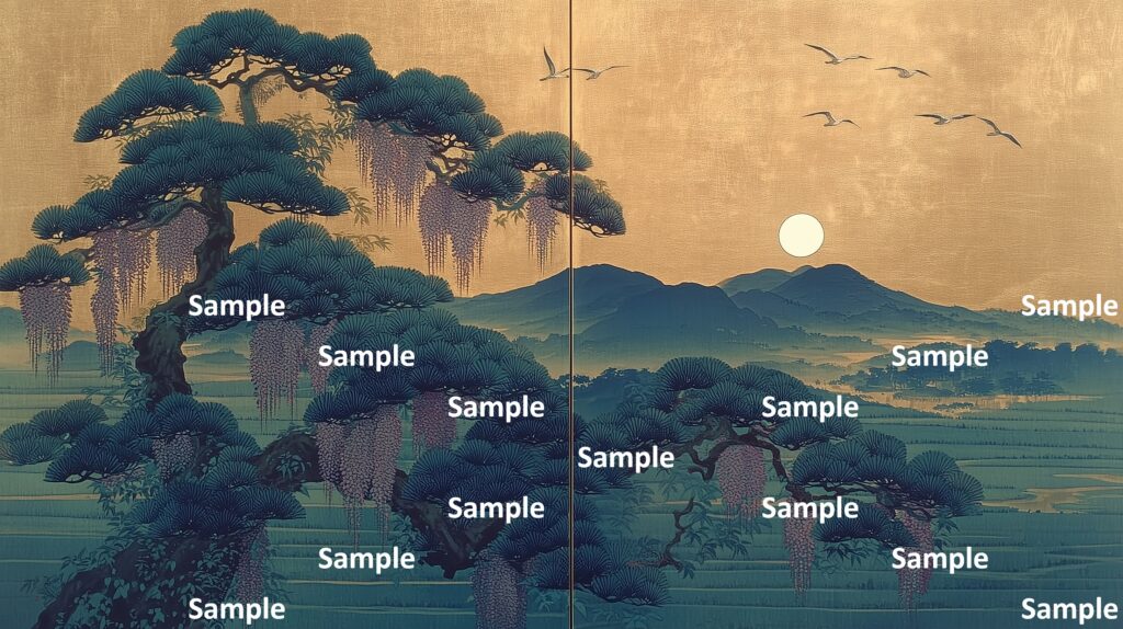 日本画風の風景(初夏～夏)、山里、松の木、満月、鳥の群れ、一面の田んぼの大地、山々、金髪の背景、