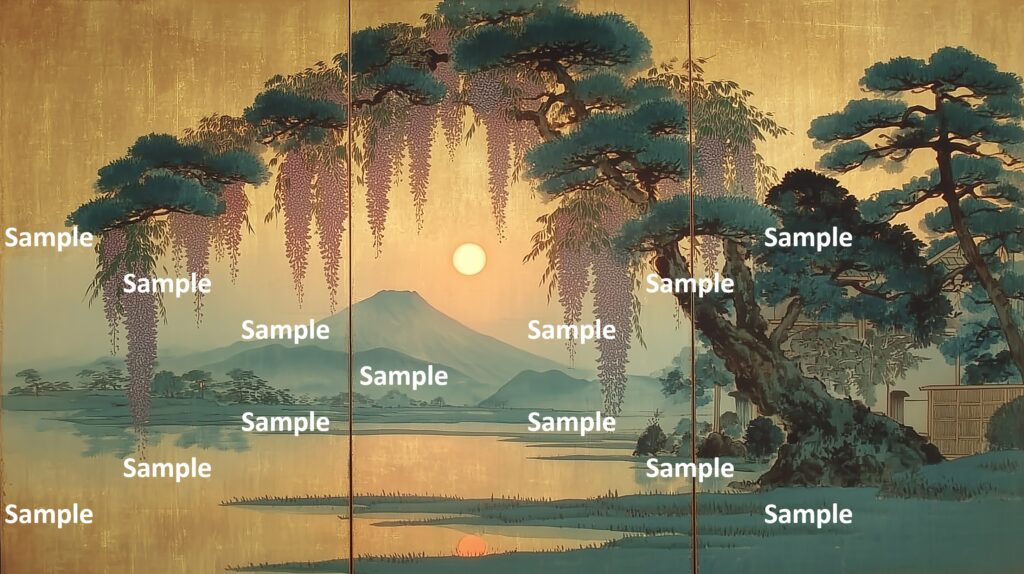 日本画風の風景(初夏～夏)、夕焼け、夕日、藤の花、松の木、川、黄昏時、金箔、山々、
