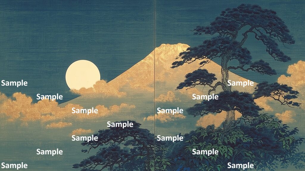 日本画風の風景(初夏～夏)、満月、金髪の雲、富士山、松の木、静かな夜の風景、