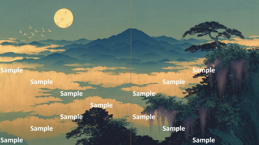 日本画風の風景(初夏～夏)、満月、山々、金箔の雲海、松の木、藤の花、鳥の群れ、神聖な風景、
