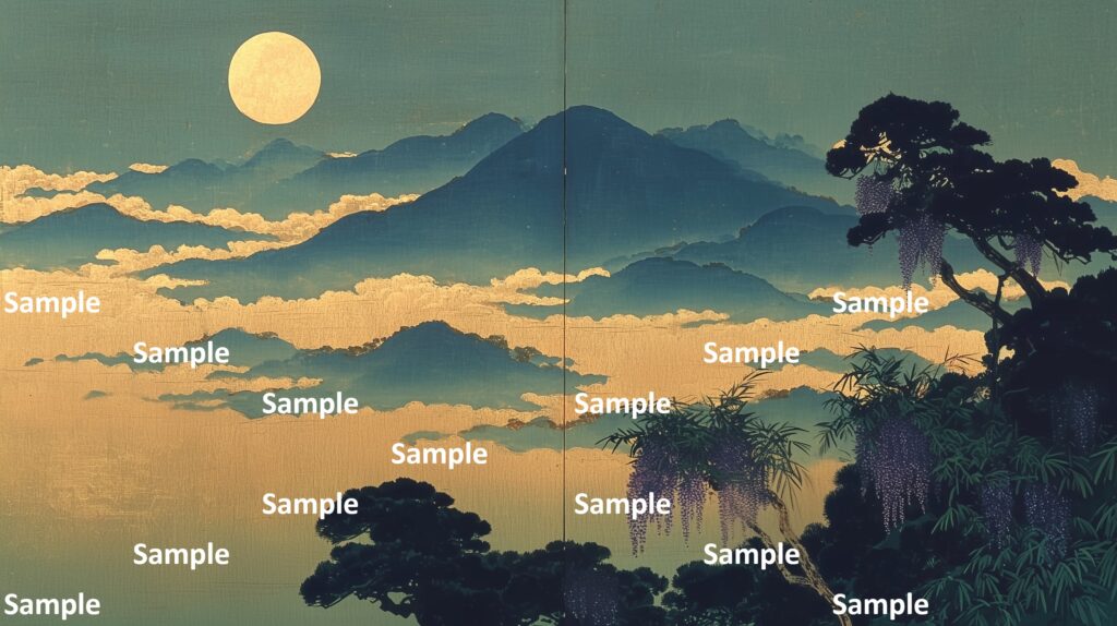 日本画風の風景(初夏～夏)、満月、山々、金箔の雲海、松の木々、藤の木、
