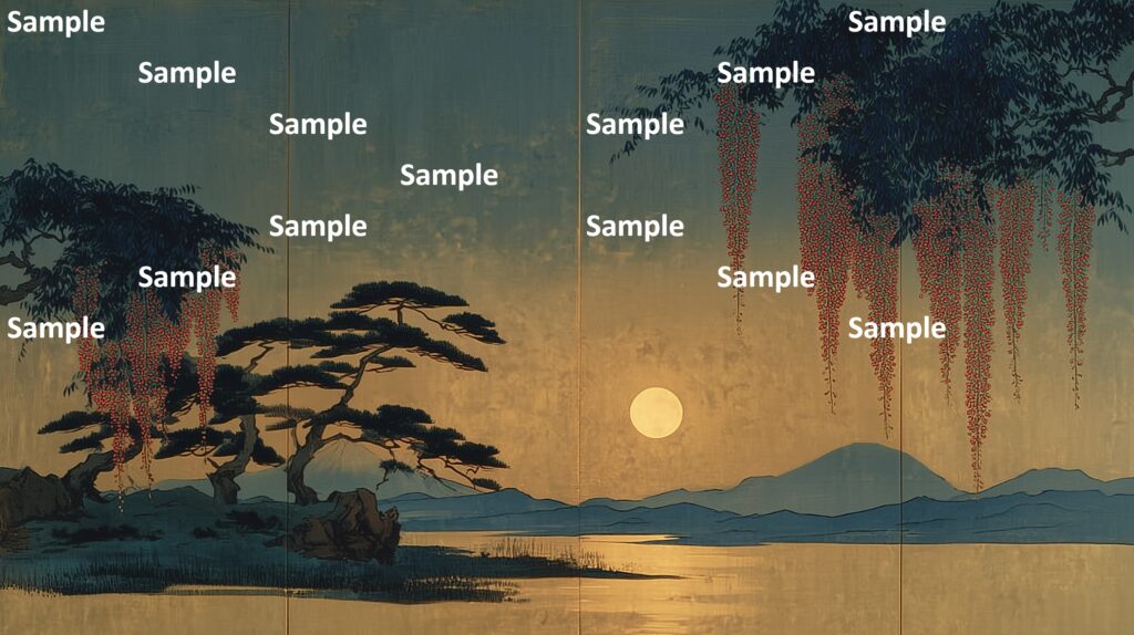 日本画風の風景(初夏～夏)、黄昏時の藤の花、松の木々、大河、山々、