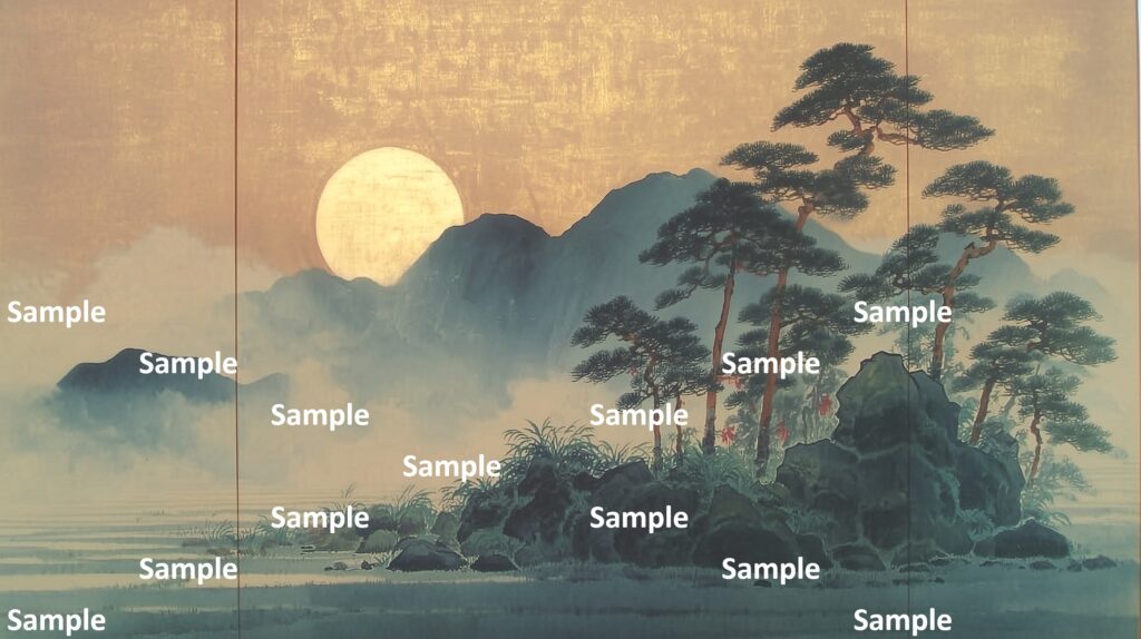 日本画風の風景(初夏～夏)、満月、山々、霧、金箔の背景、木々、苔の生えた岩々、