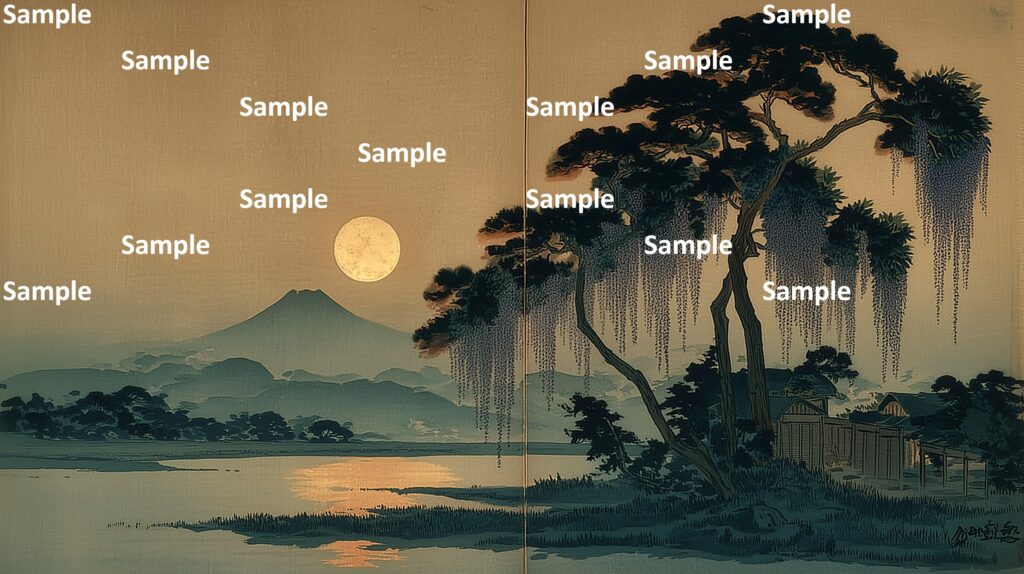 日本画風の風景(初夏～夏)、夜の帳が下りる時、満月、松の木々、藤の花、川沿い、富士山、
