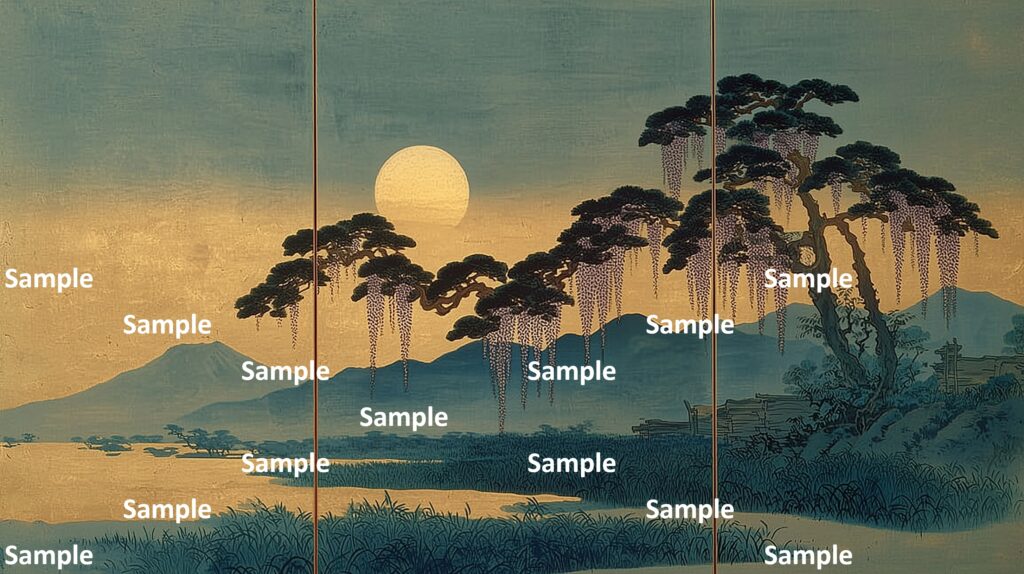 日本画風の風景(初夏～夏)、満月、松の木、川、山々、富士山、藤の花、金箔の雲、夜景、