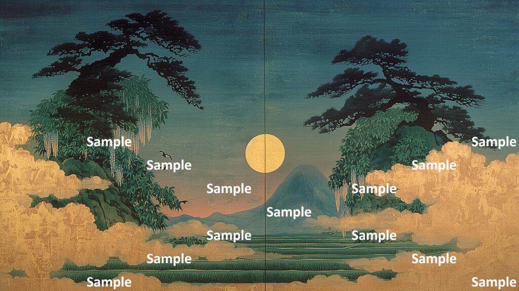 日本画風の風景(初夏～夏)、満月、二本の松の木、対称的な構図、ミステリアスな金箔の雲、大山、田んぼの大地、夜景、