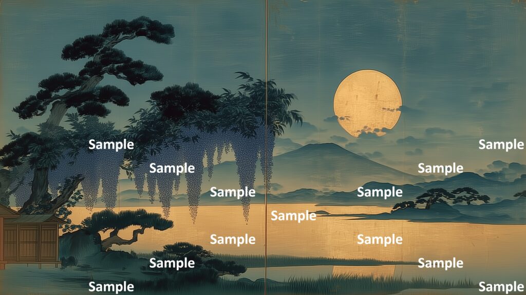 日本画風の風景(初夏～夏)、満月、大河、山々、松の木、藤の花、雲、月光、