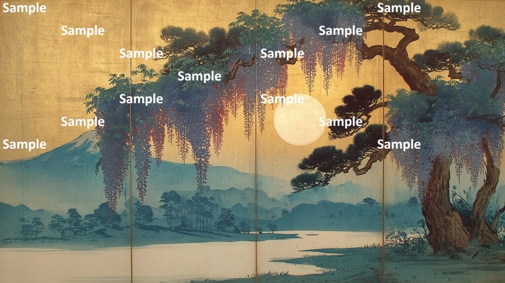 日本画風の風景(初夏～夏)、夕日、藤の花、松の木、川、富士山、水辺の木々、