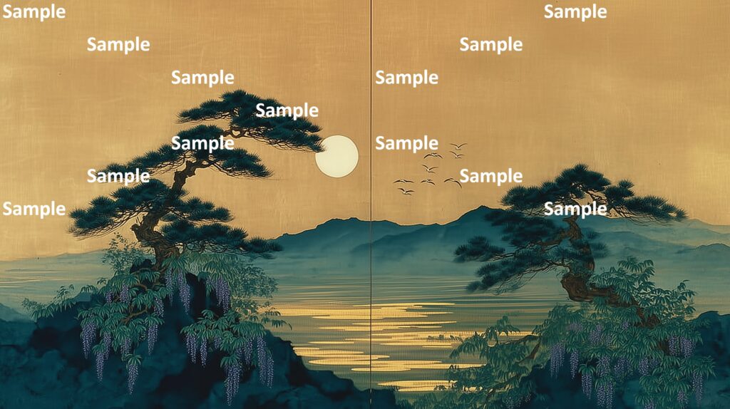 日本画風の風景(初夏～夏)、満月、山々、大地、二本の松の木、対称的な構図、鳥の群れ、藤の花、