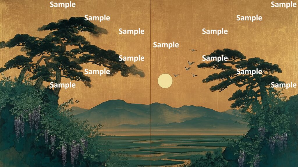 日本画風の風景(初夏～夏)、満月、松の木々、対称的な構図、鳥の群れ、山々、大地、湿地帯、藤の花、造形美、二項対立、
