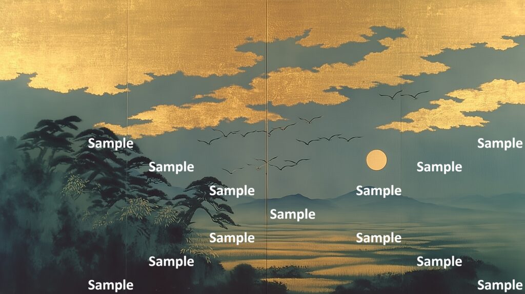 日本画風の風景(初夏～夏)、満月、金箔の雲による模様、松の木々、一面の田んぼの大地、鳥の群れ、