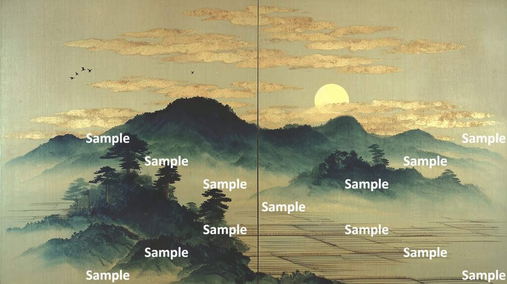 日本画風の風景(初夏～夏)、里山、月夜、金箔の雲、山々、田んぼの大地、田舎の風景、