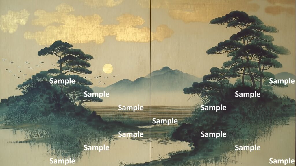日本画風の風景(初夏～夏)、満月、山々、金箔の雲、大地、小山の松木の木々、