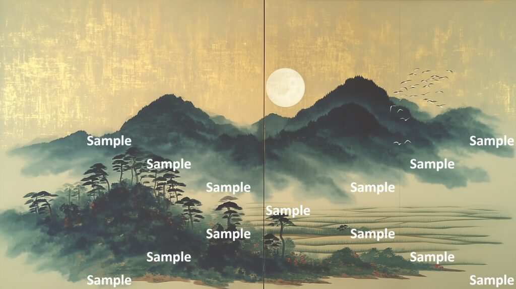 日本画風の風景(初夏～夏)、山里、満月、山々、一面の田んぼ、山の木々、金箔、