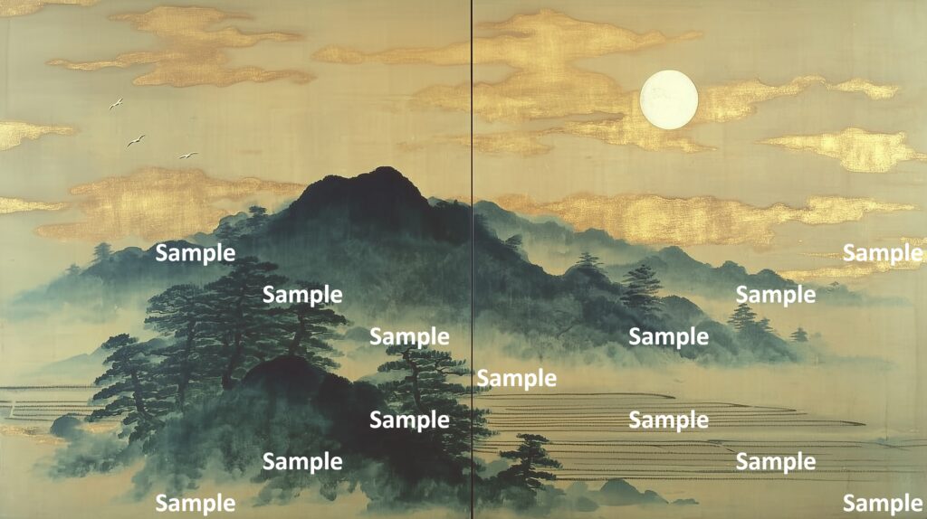 日本画風の風景(初夏～夏)、山里、満月、金箔の雲、山々、山の木々、畑、田舎の風景、