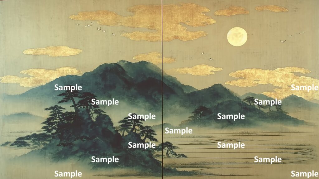 日本画風の風景(初夏～夏)、山里、満月、山々、山の木々、田んぼ、