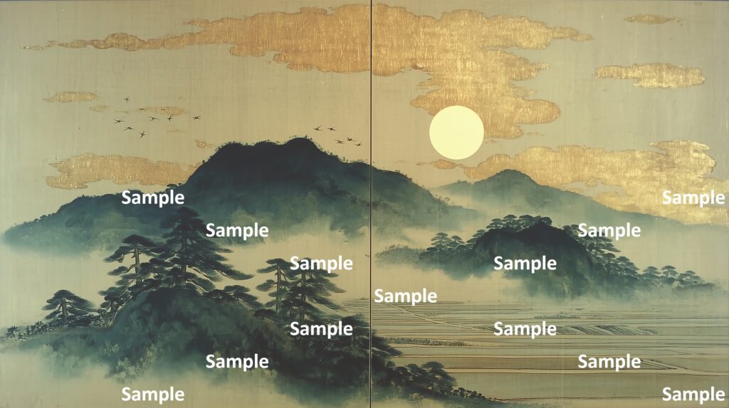日本画風の風景(初夏～夏)、山里、満月、金箔の雲、鳥の群れ、山の木々、田んぼ、