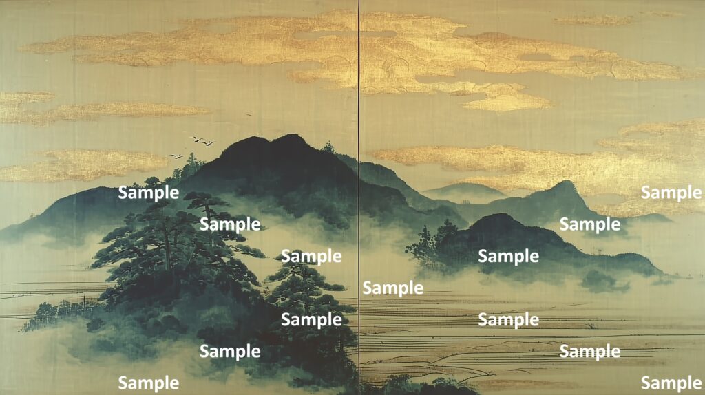 日本画風の風景(初夏～夏)、山里、金箔の雲、山々、山の木々、田んぼの大地、鳥の群れ、
