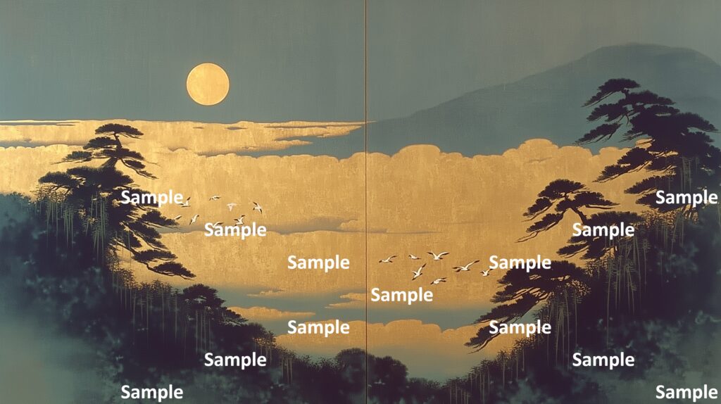 日本画風の風景(初夏～夏)、満月、大山、金箔の雲海、鳥の群れ、松の山、