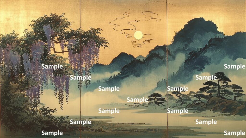 日本画風の風景(初夏～夏)、山々、川、川辺の藤の木、満月、金箔の背景、霧、