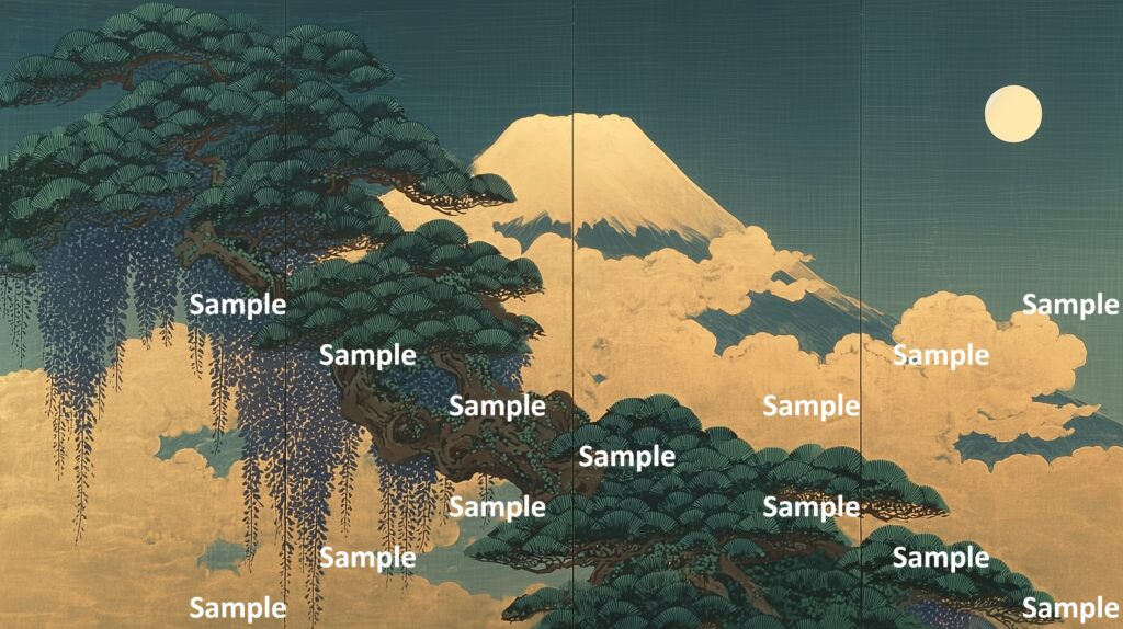 日本画風の風景(初夏～夏)、富士山、松の木、満月、藤の花、金箔の雲、夜景、