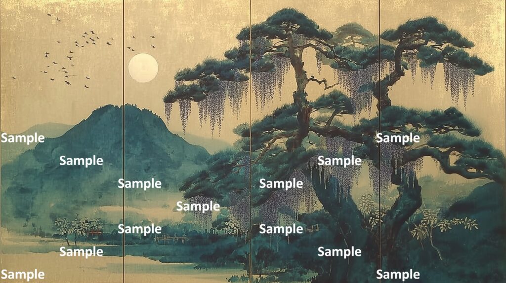 日本画風の風景(初夏～夏)、二本の松の木、大山、山々、霧、鳥の群れ、満月、金箔、藤の花、