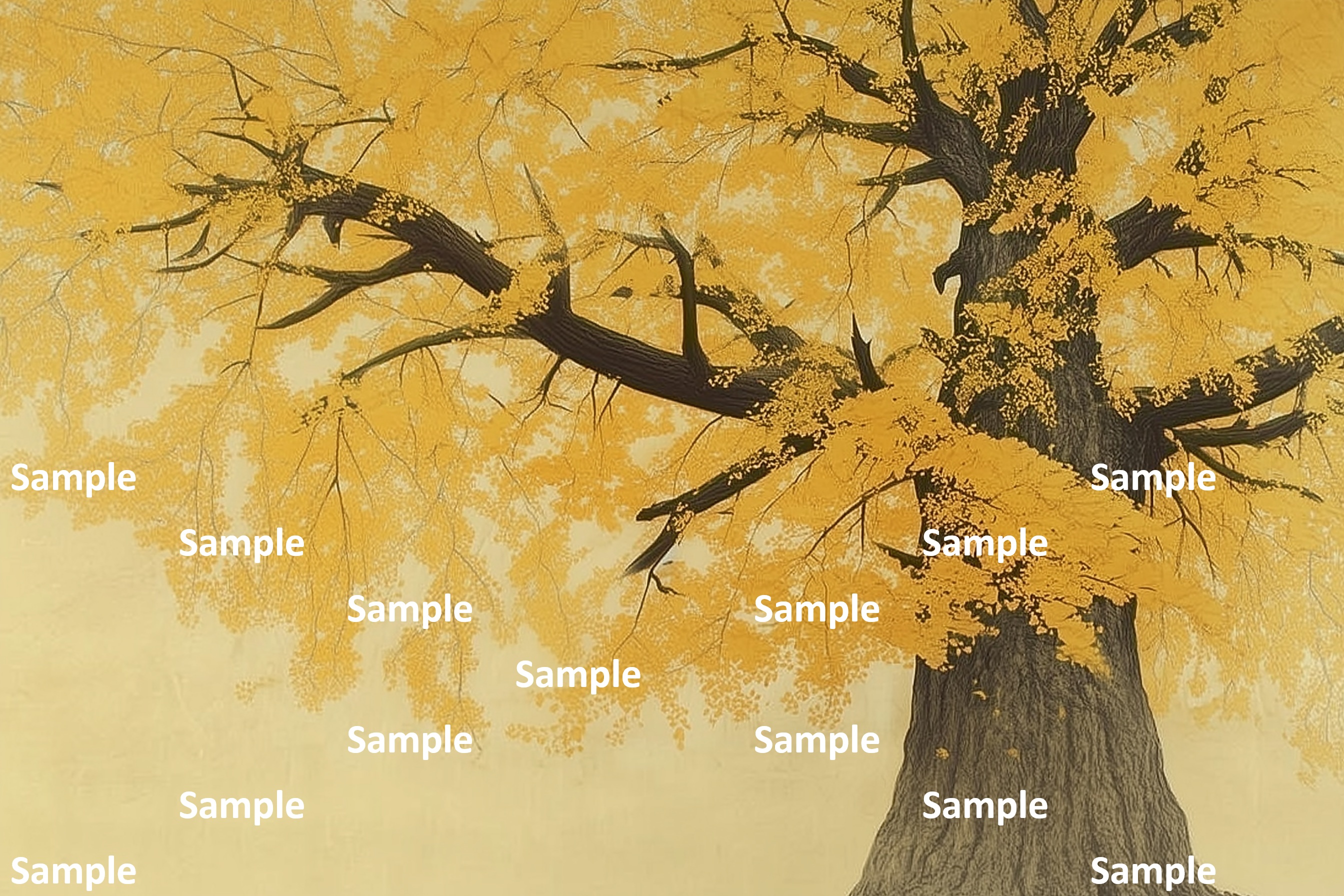 秋のシンボルのイチョウ、イチョウの塔、日本画, イチョウ, 秋, 巨木, 紅葉, 詫び寂び, 生命力, 雅, 余白の美, 情緒, 静謐, 風景画, 落ち葉, 絵画, 自然, 季節感, 黄色