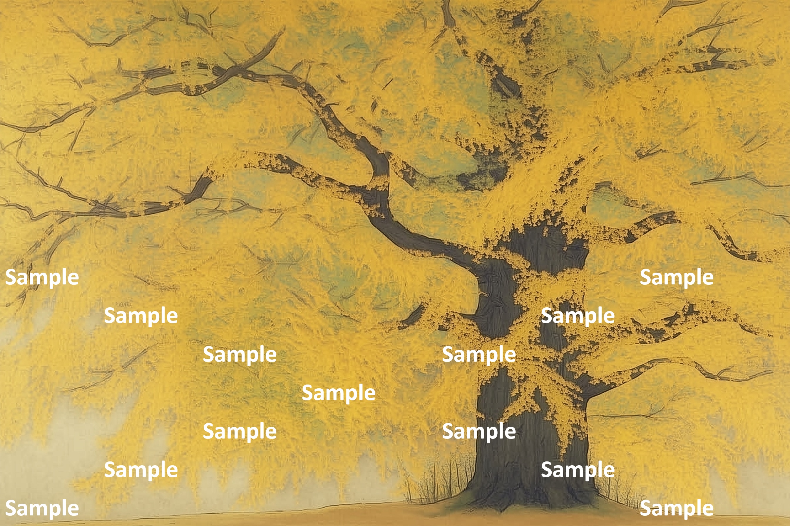 イチョウの日本画的造形美、日本画, イチョウ, 秋, 巨木, 紅葉, 詫び寂び, 生命力, 雅, 余白の美, 情緒, 静謐, 風景画, 落ち葉, 絵画, 自然, 季節感, 黄色