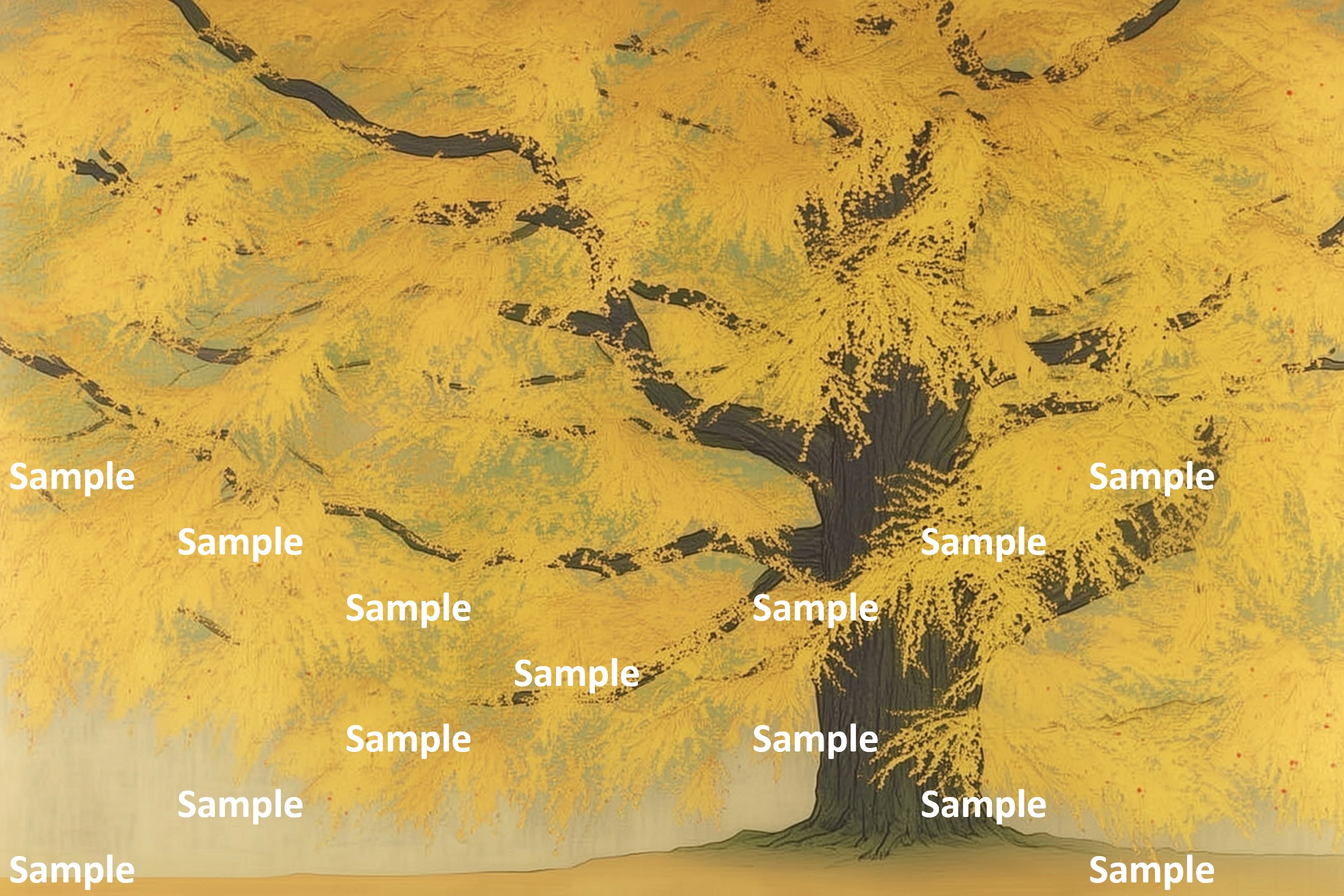 秋のイチョウの大紅葉、日本画, イチョウ, 秋, 巨木, 紅葉, 詫び寂び, 生命力, 雅, 余白の美, 情緒, 静謐, 風景画, 落ち葉, 絵画, 自然, 季節感, 黄色