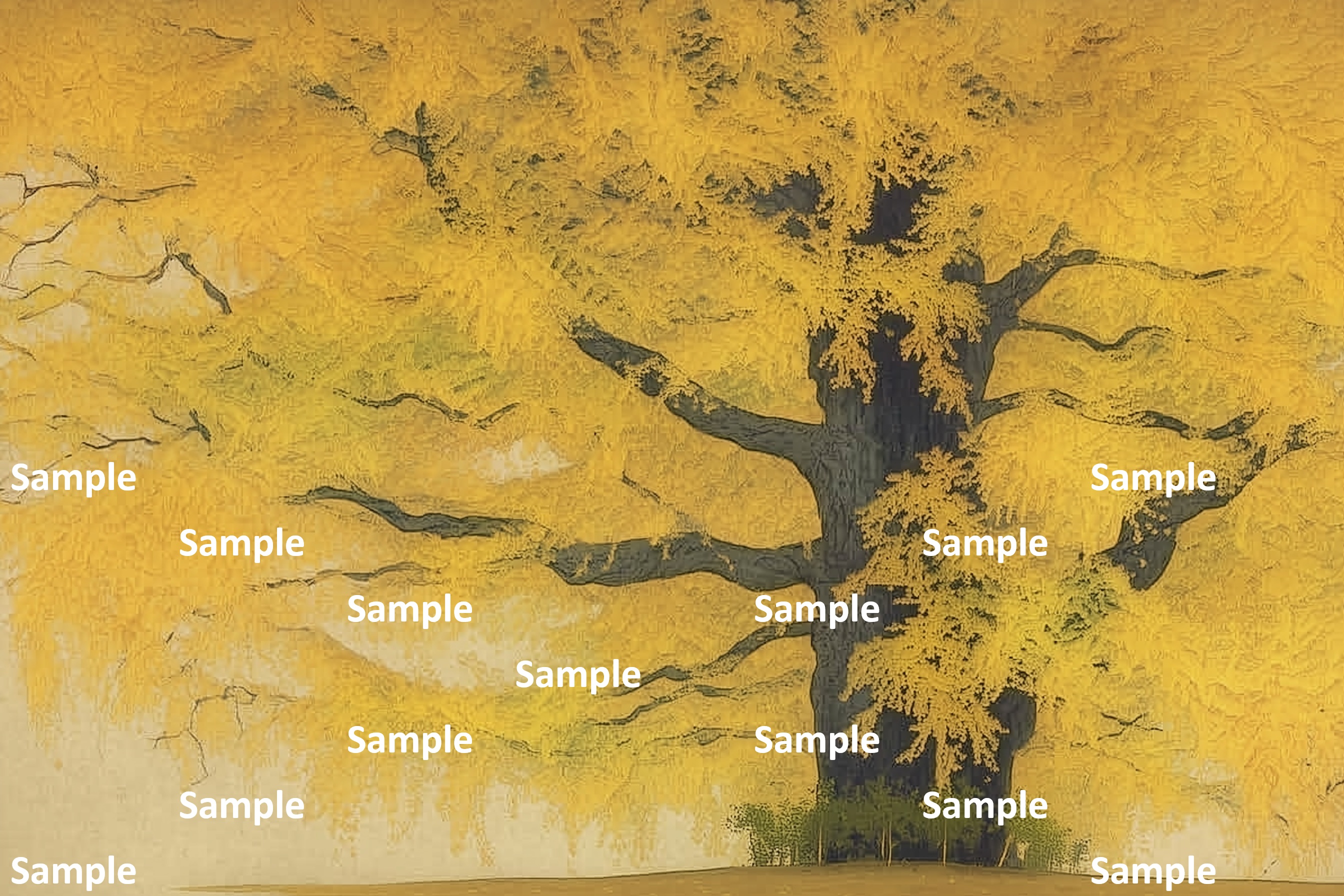 満開の紅葉、日本画, イチョウ, 秋, 巨木, 紅葉, 詫び寂び, 生命力, 雅, 余白の美, 情緒, 静謐, 風景画, 落ち葉, 絵画, 自然, 季節感, 黄色