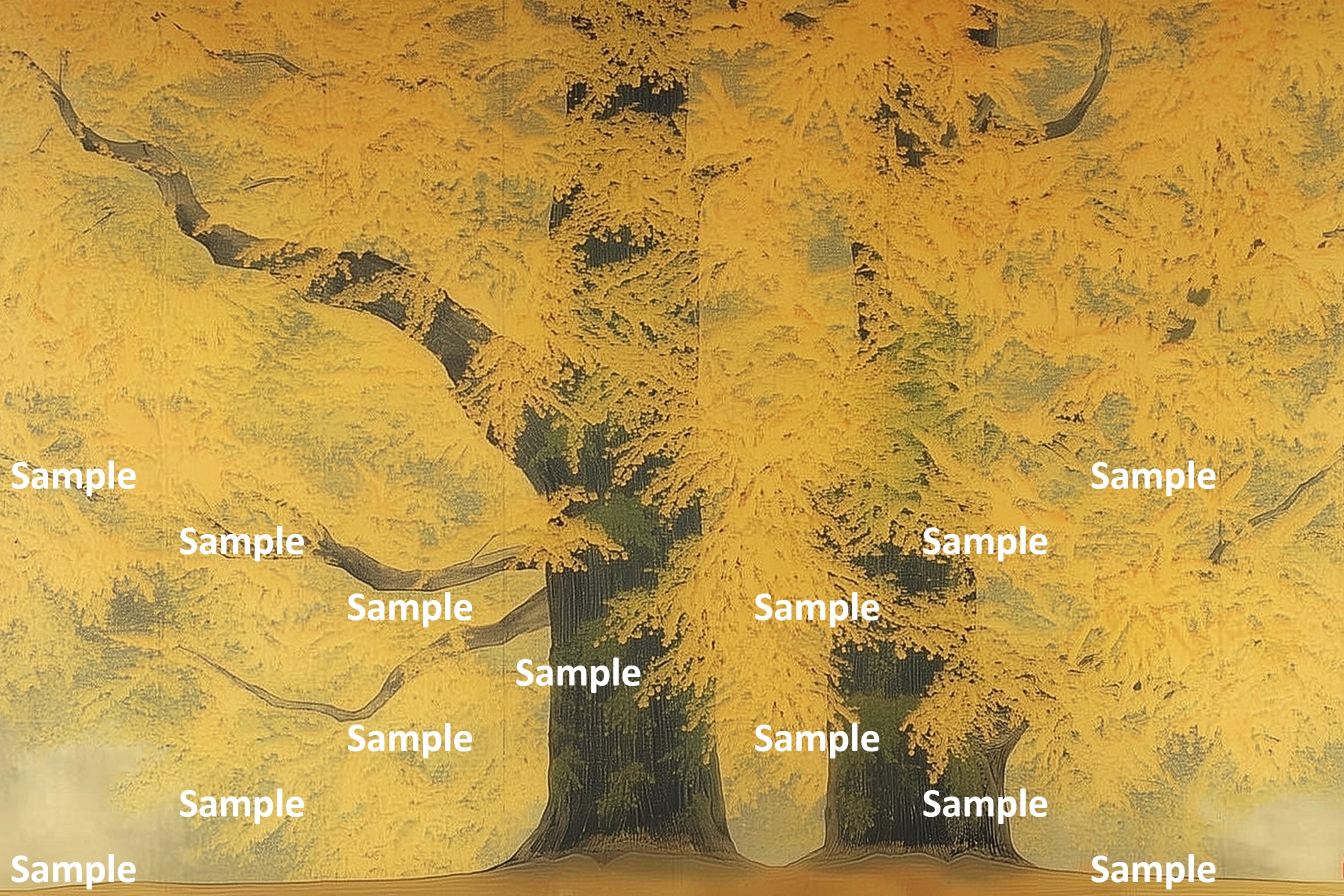 満開の紅葉があふれ出す、日本画, イチョウ, 秋, 巨木, 紅葉, 詫び寂び, 生命力, 雅, 余白の美, 情緒, 静謐, 風景画, 落ち葉, 絵画, 自然, 季節感, 黄色