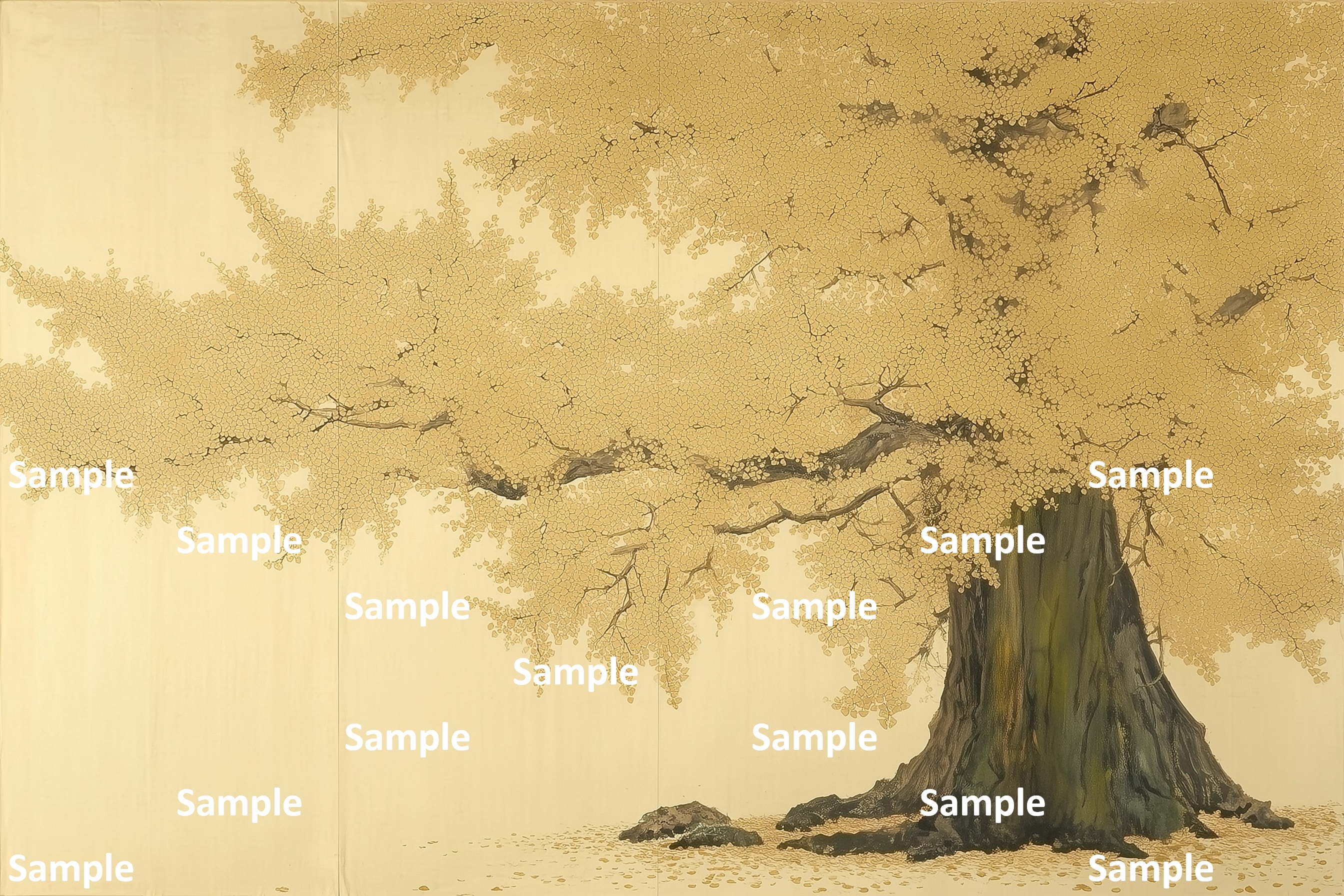 聳え立つ秋のイチョウの木、日本画, イチョウ, 秋, 巨木, 紅葉, 詫び寂び, 生命力, 雅, 余白の美, 情緒, 静謐, 風景画, 落ち葉, 絵画, 自然, 季節感, 黄色