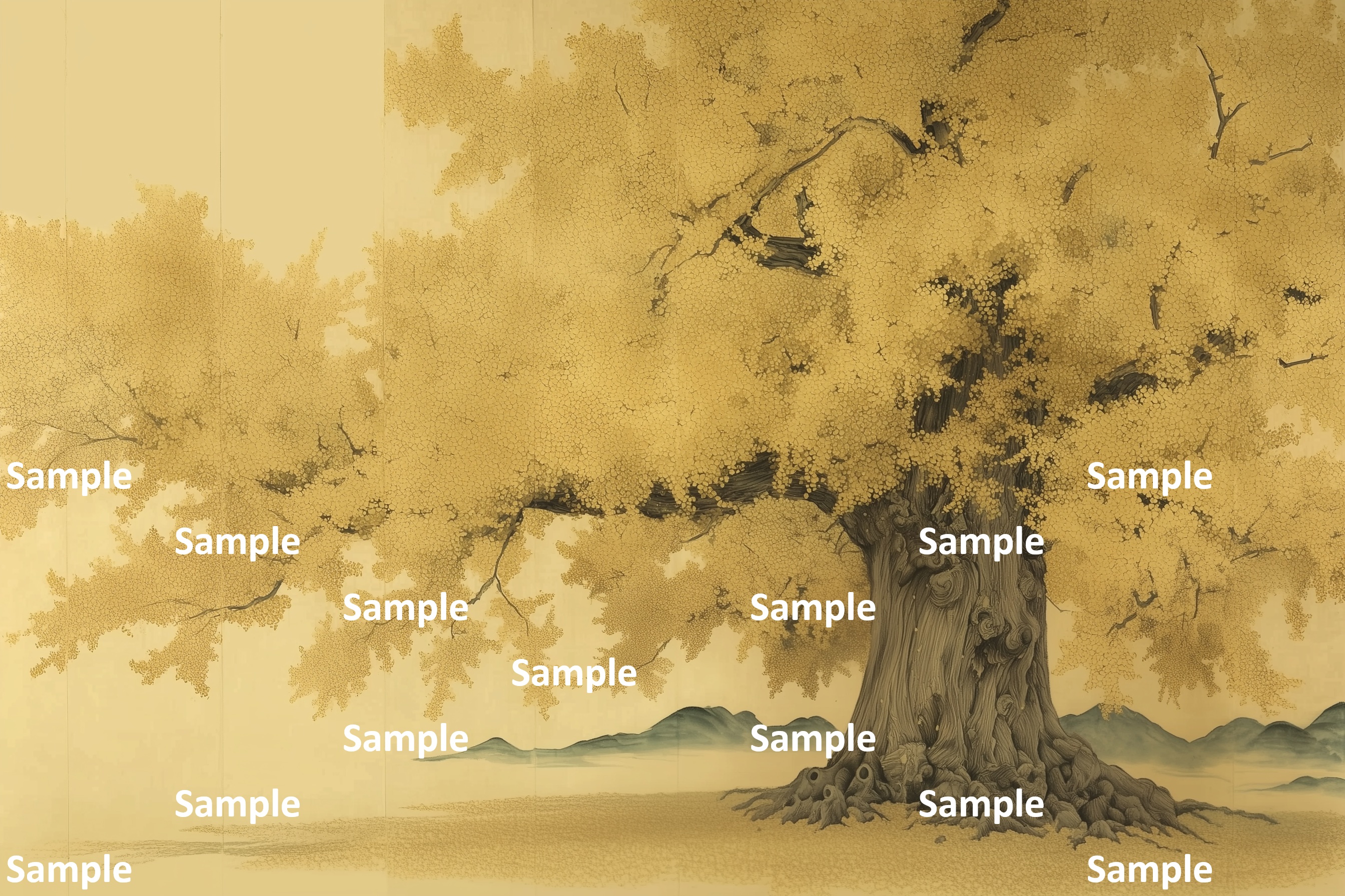 とろけるイチョウの樹皮の奥深さ、日本画, イチョウ, 秋, 巨木, 紅葉, 詫び寂び, 生命力, 雅, 余白の美, 情緒, 静謐, 風景画, 落ち葉, 絵画, 自然, 季節感, 黄色