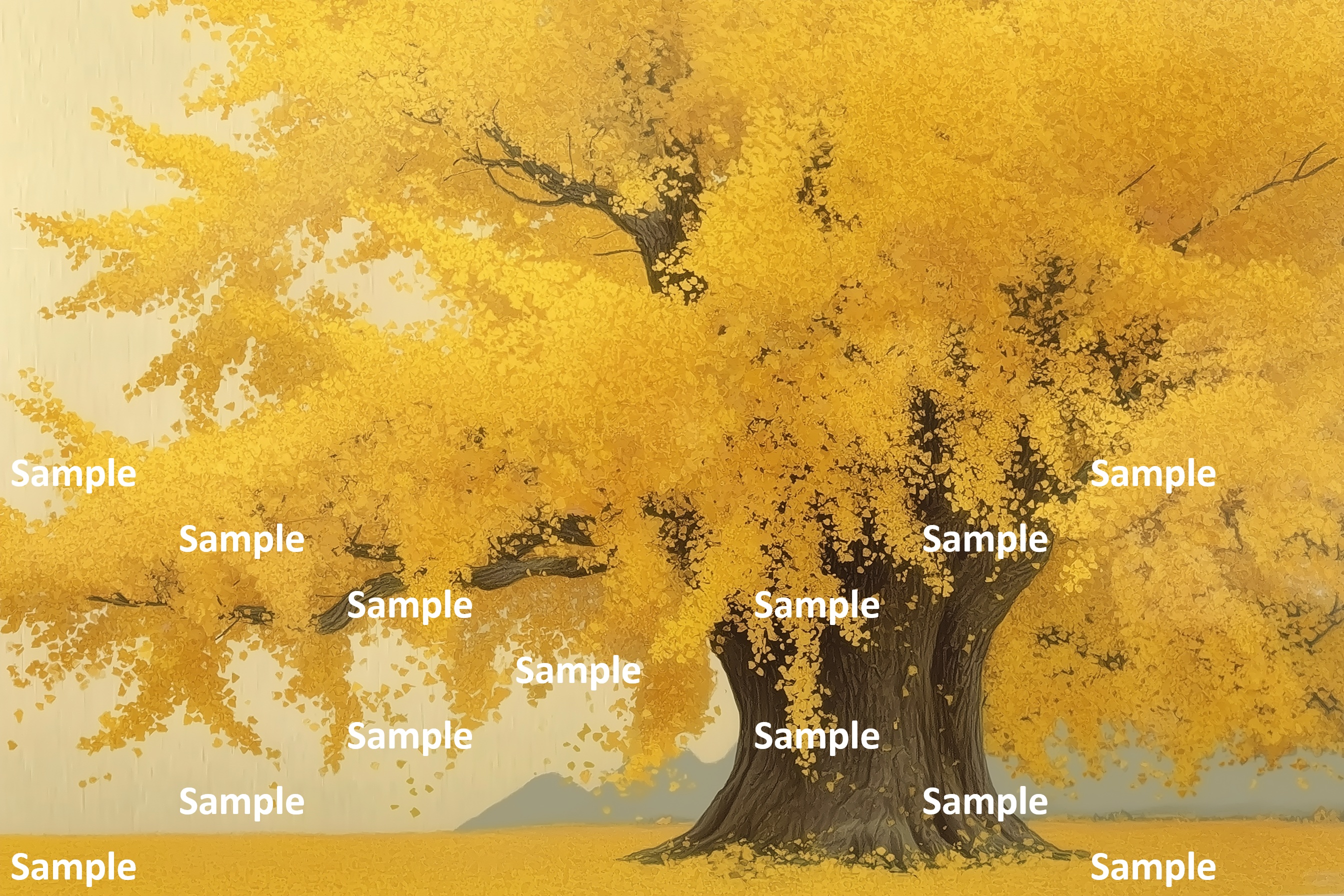 満開のイチョウの紅葉、日本画, イチョウ, 秋, 巨木, 紅葉, 詫び寂び, 生命力, 雅, 余白の美, 情緒, 静謐, 風景画, 落ち葉, 絵画, 自然, 季節感, 黄色