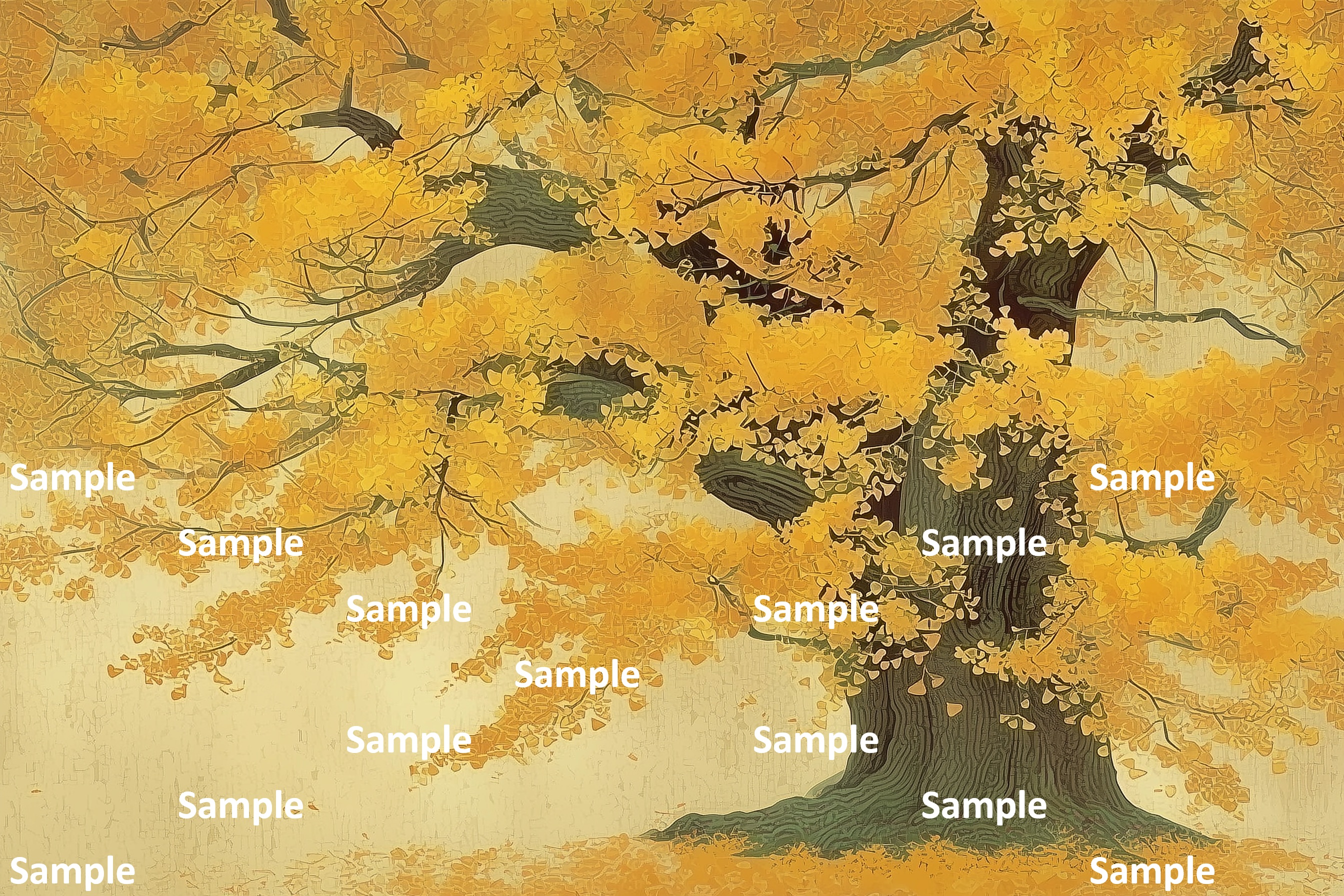 異性人のような樹皮の模様、日本画, イチョウ, 秋, 巨木, 紅葉, 詫び寂び, 生命力, 雅, 余白の美, 情緒, 静謐, 風景画, 落ち葉, 絵画, 自然, 季節感, 黄色