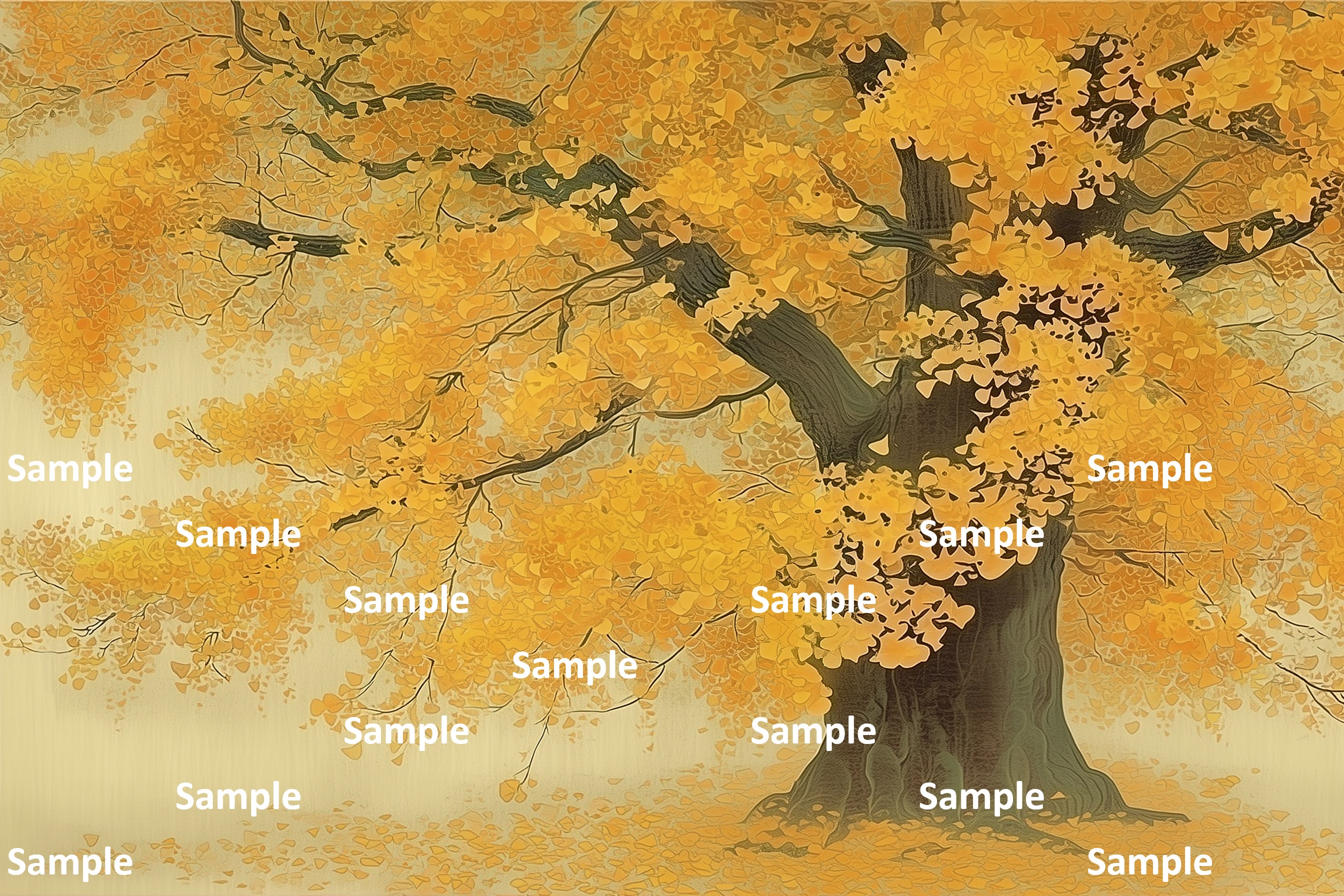 イチョウの幹の質感と紅葉した葉、日本画, イチョウ, 秋, 巨木, 紅葉, 詫び寂び, 生命力, 雅, 余白の美, 情緒, 静謐, 風景画, 落ち葉, 絵画, 自然, 季節感, 黄色