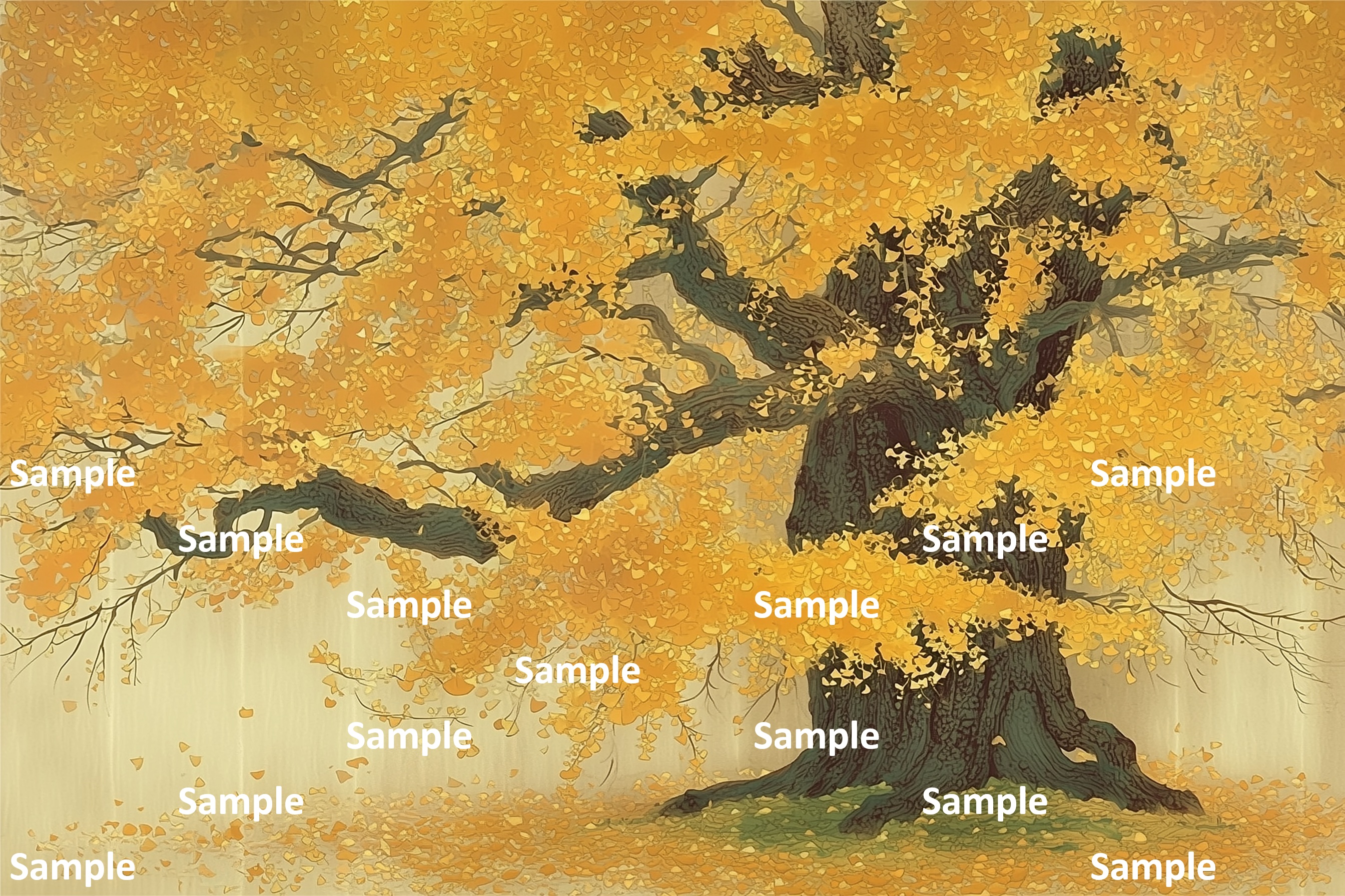 咲き誇るイチョウの紅葉、日本画, イチョウ, 秋, 巨木, 紅葉, 詫び寂び, 生命力, 雅, 余白の美, 情緒, 静謐, 風景画, 落ち葉, 絵画, 自然, 季節感, 黄色