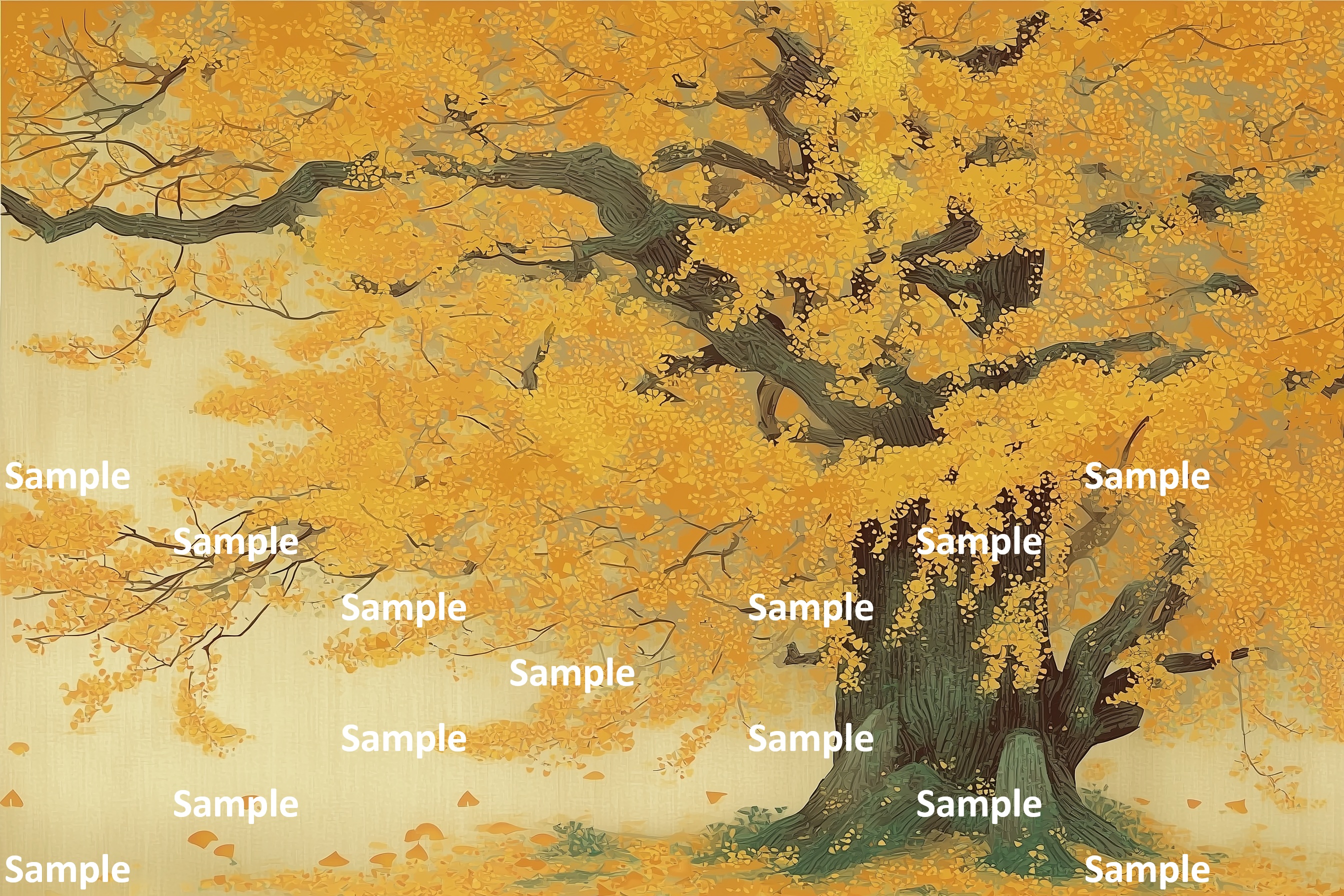 生命の複雑さや奥深さを表す枝たち、日本画, イチョウ, 秋, 巨木, 紅葉, 詫び寂び, 生命力, 雅, 余白の美, 情緒, 静謐, 風景画, 落ち葉, 絵画, 自然, 季節感, 黄色