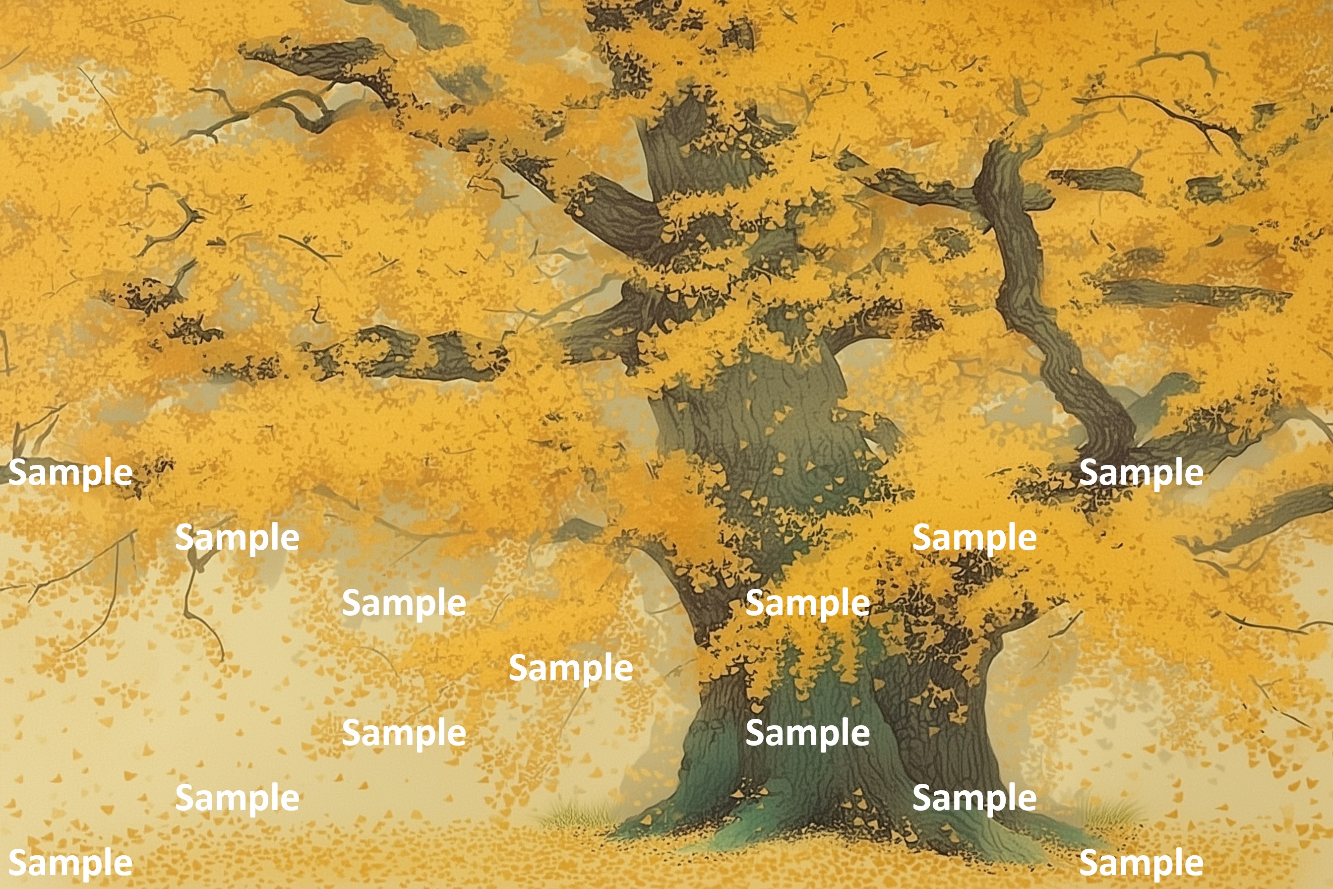 躍動する枝と紅葉、日本画, イチョウ, 秋, 巨木, 紅葉, 詫び寂び, 生命力, 雅, 余白の美, 情緒, 静謐, 風景画, 落ち葉, 絵画, 自然, 季節感, 黄色