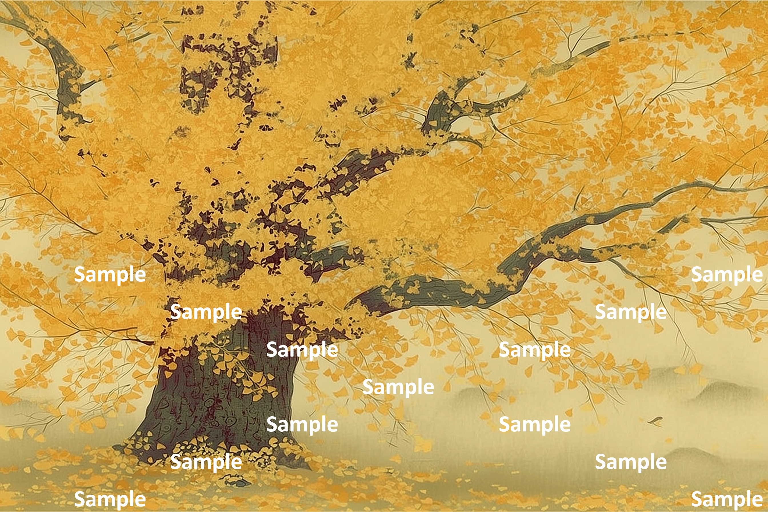 秋の静寂とイチョウ、日本画, イチョウ, 秋, 巨木, 紅葉, 詫び寂び, 生命力, 雅, 余白の美, 情緒, 静謐, 風景画, 落ち葉, 絵画, 自然, 季節感, 黄色