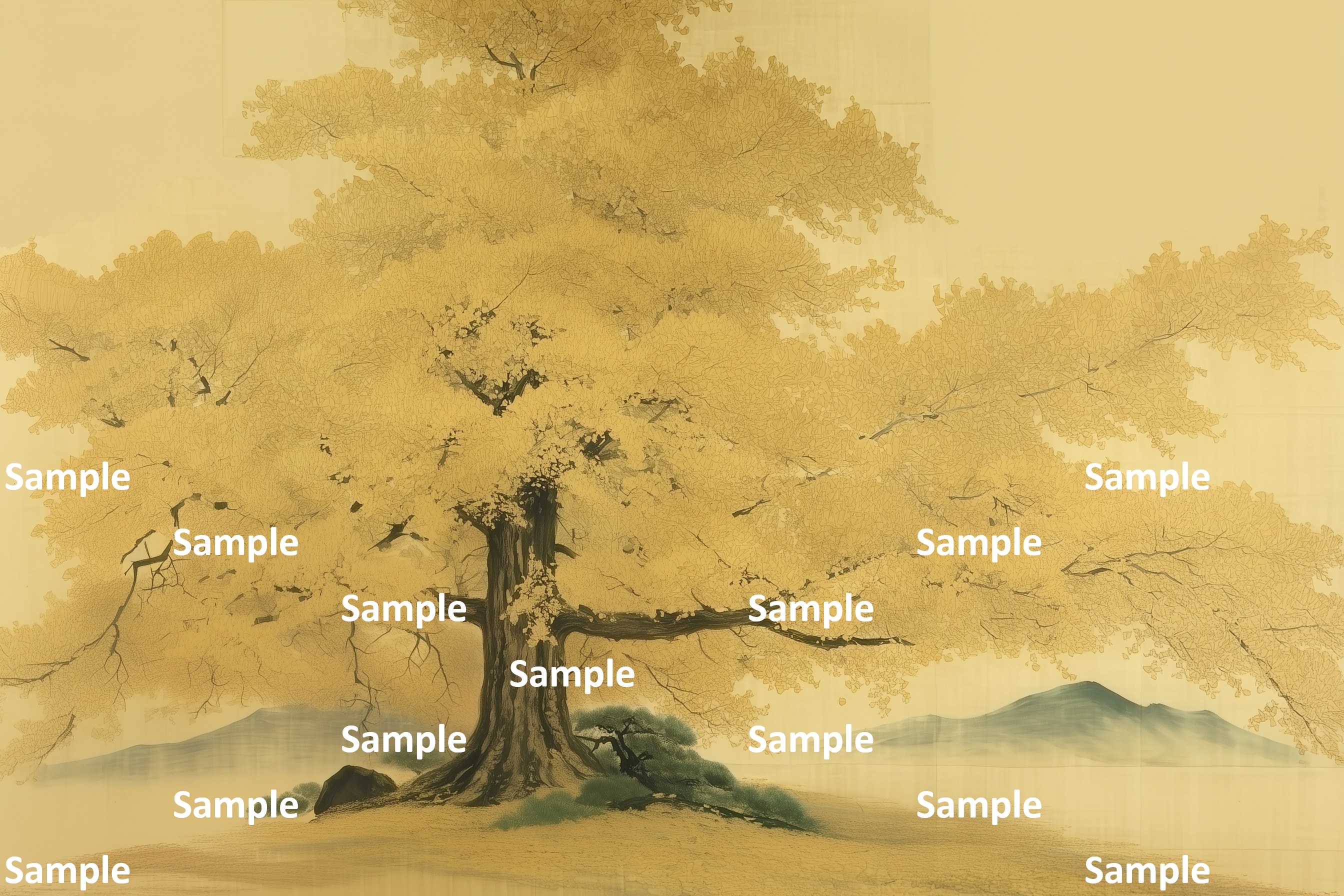 ダイナミックに枝を広げるイチョウ、日本画, イチョウ, 秋, 巨木, 紅葉, 詫び寂び, 生命力, 雅, 余白の美, 情緒, 静謐, 風景画, 落ち葉, 絵画, 自然, 季節感, 黄色