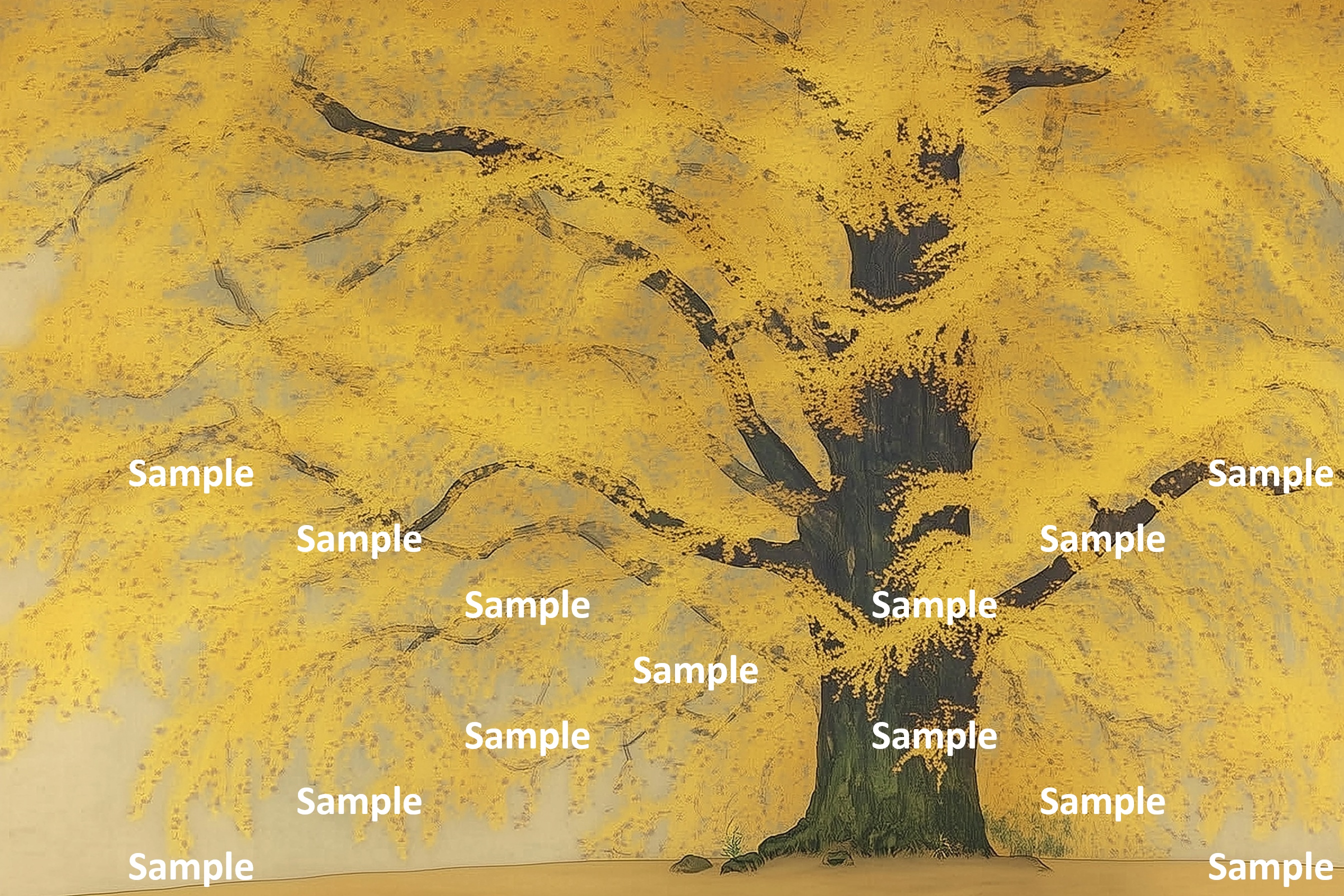 日本画の造形美とイチョウ、日本画, イチョウ, 秋, 巨木, 紅葉, 詫び寂び, 生命力, 雅, 余白の美, 情緒, 静謐, 風景画, 落ち葉, 絵画, 自然, 季節感, 黄色