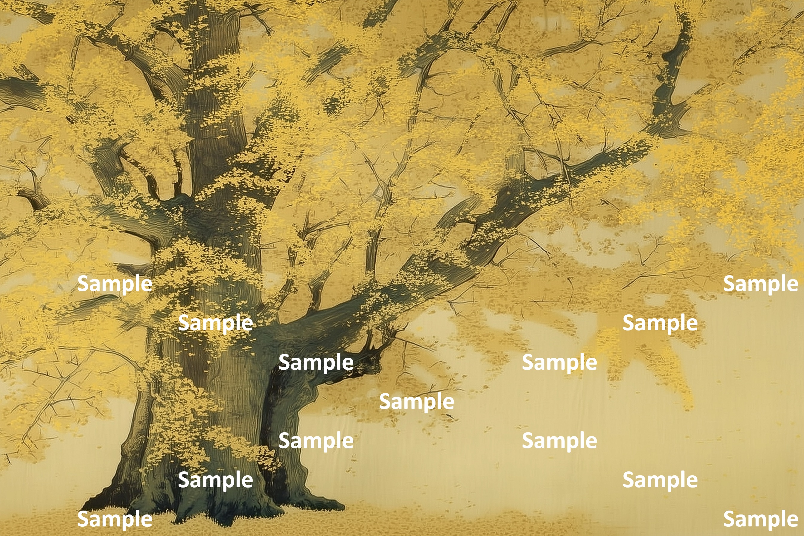 たらし込みで描かれた樹皮、日本画, イチョウ, 秋, 巨木, 紅葉, 詫び寂び, 生命力, 雅, 余白の美, 情緒, 静謐, 風景画, 落ち葉, 絵画, 自然, 季節感, 黄色